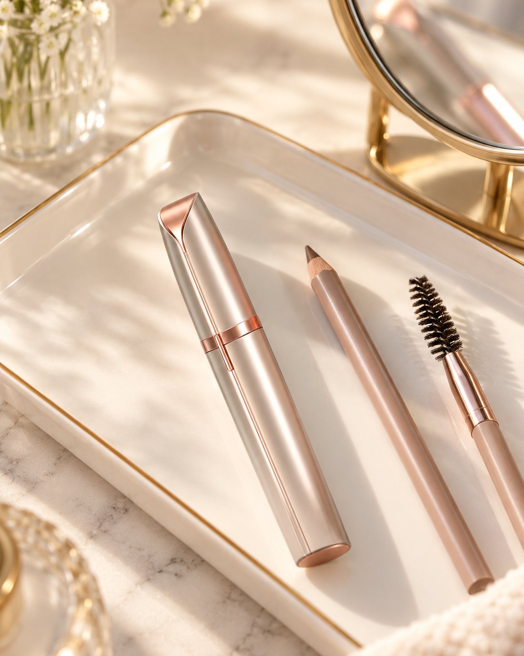 Brow trimmer on a vanity tray next to a brow pencil and a small mirror