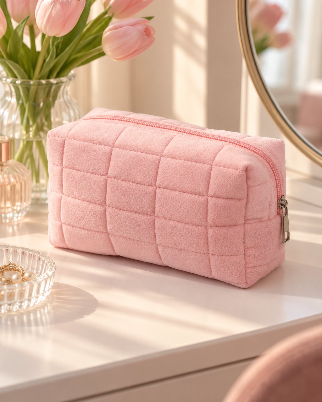 Pink quilted makeup bag on a vanity beside a mirror and a vase of flowers