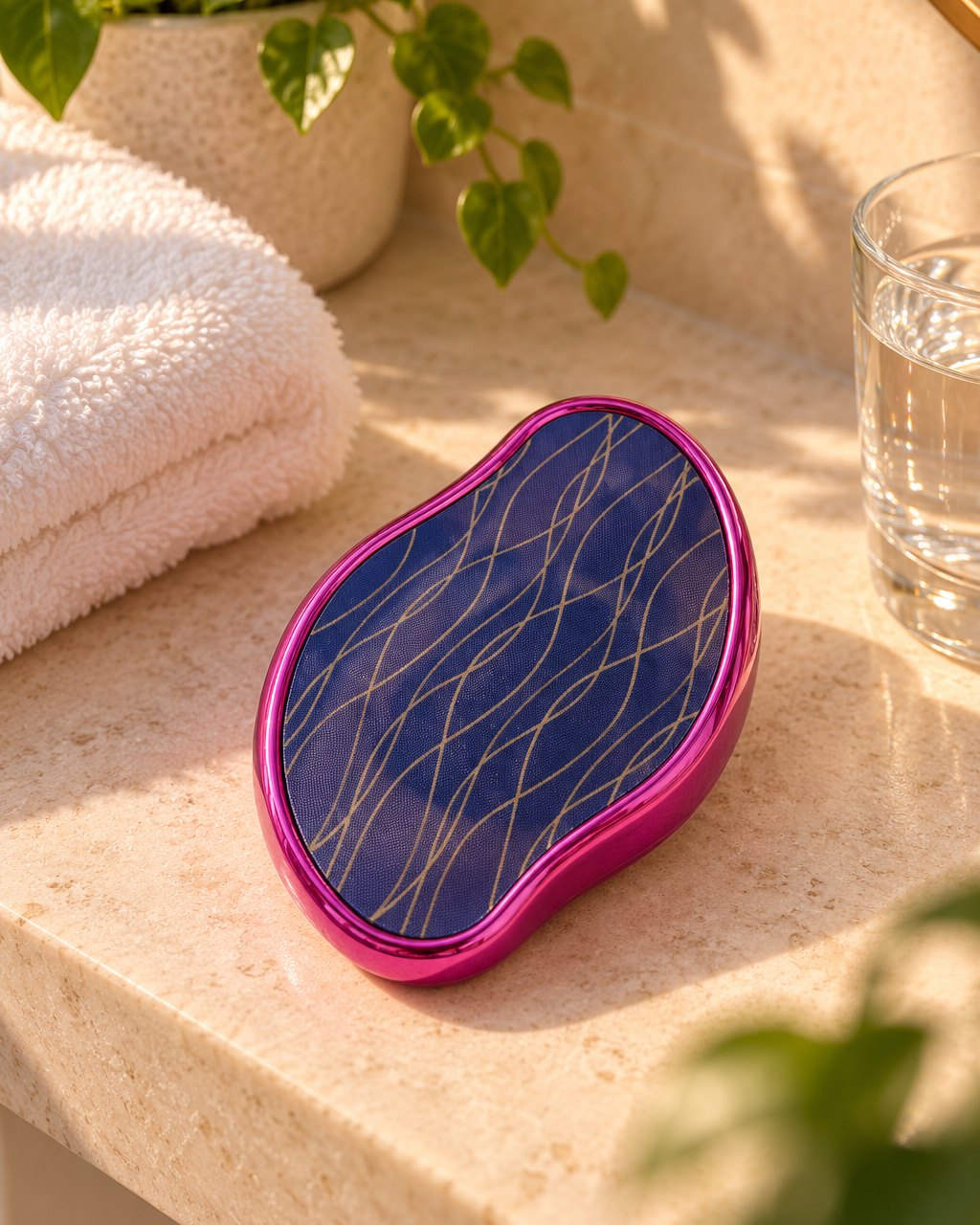 Crystal hair eraser on a bathroom shelf beside a folded towel