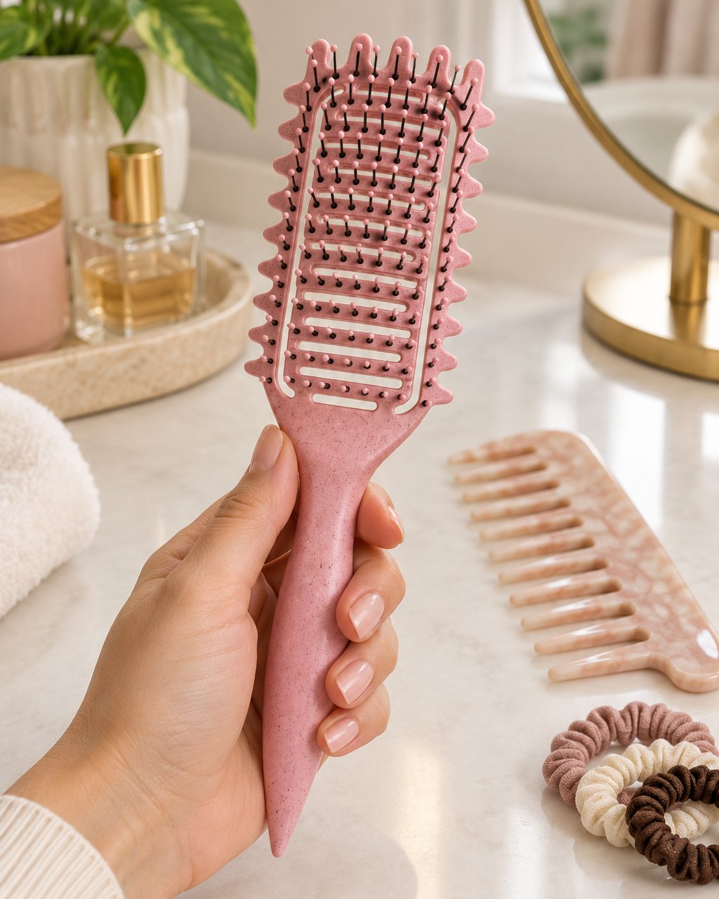 The brush held by its tapered handle next to a wide-tooth comb and hair ties