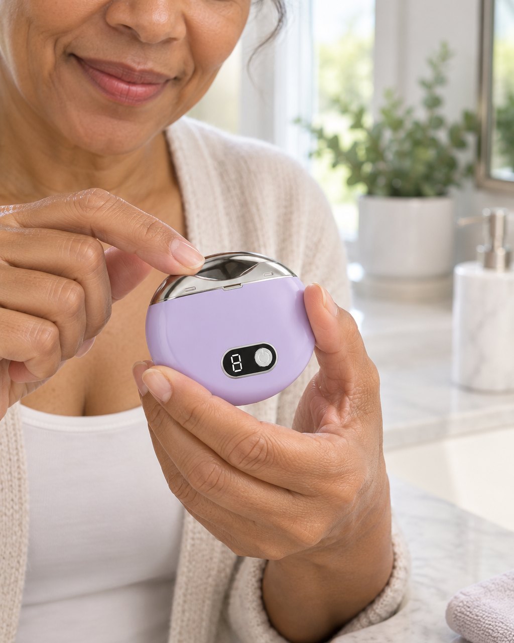 Woman resting a fingernail in the opening of the lilac electric nail clipper