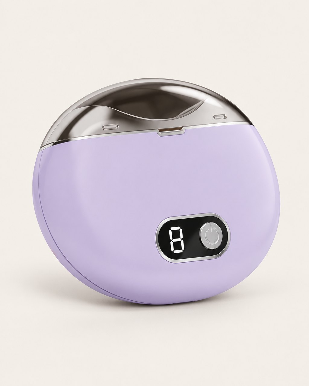 Round lilac electric nail clipper with a silver top and a small display, on a light background
