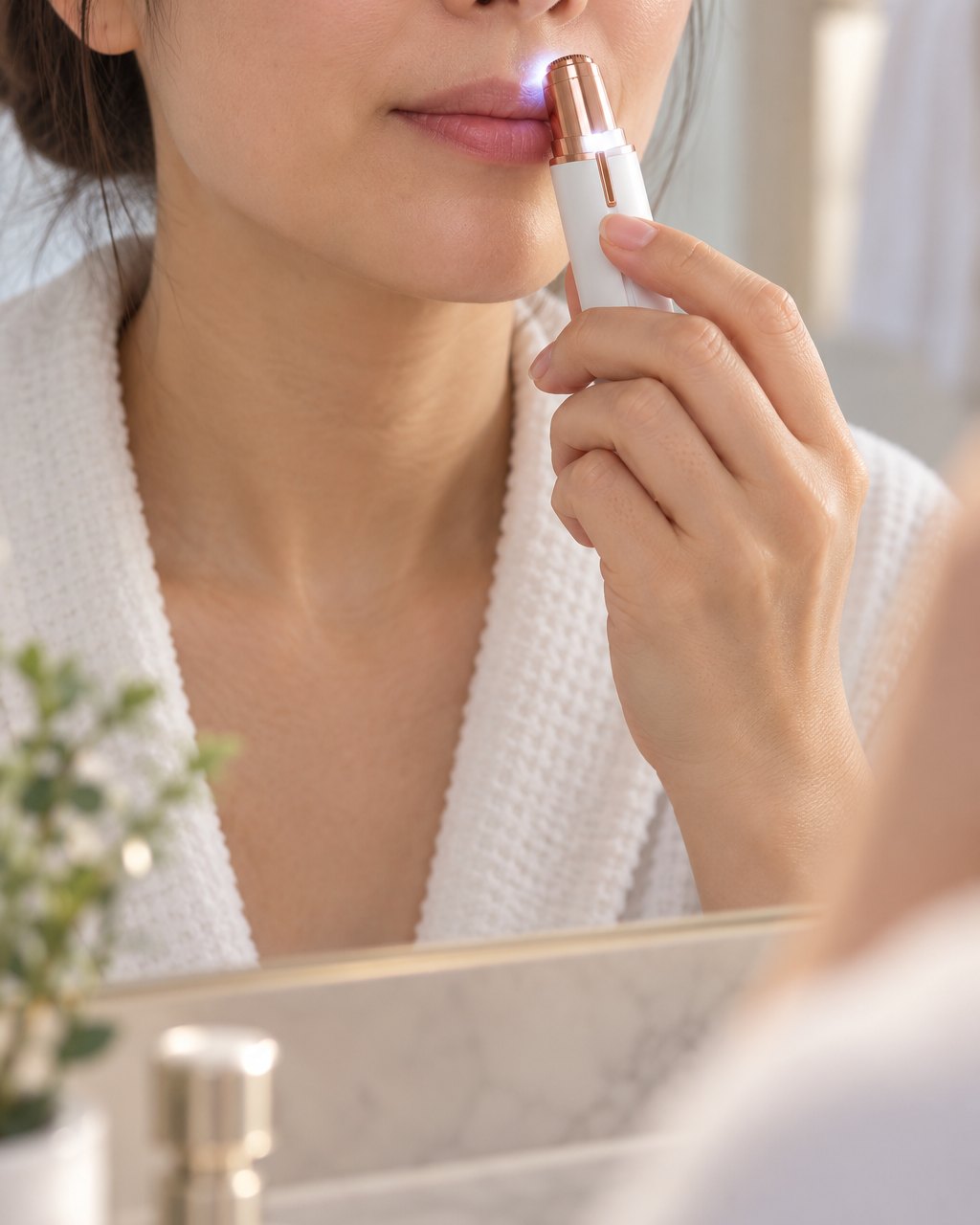 Woman gliding the facial hair remover over her upper lip, its small light on