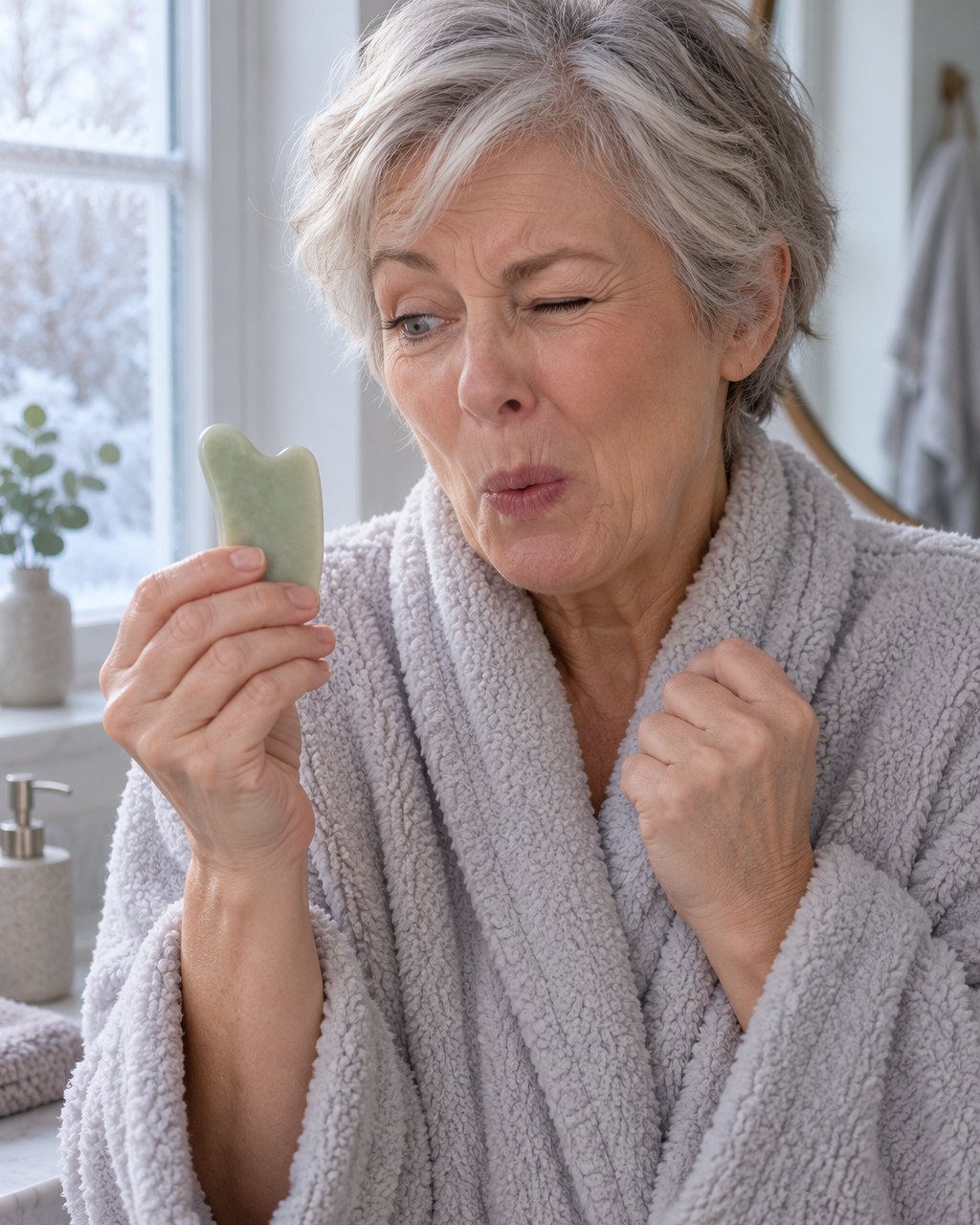 Woman wincing at an icy stone gua sha on a cold morning