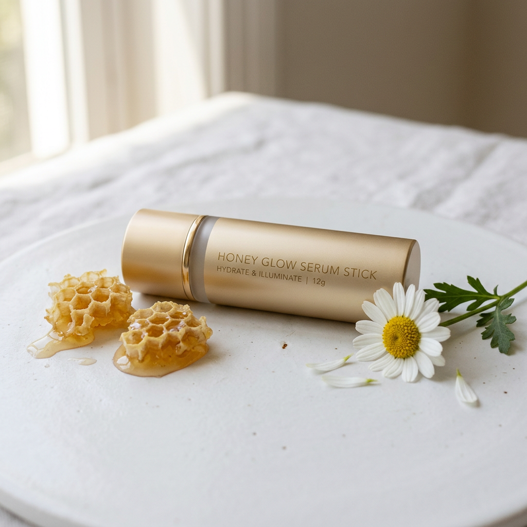 Bee venom firming serum stick on white surface with honeycomb and flower