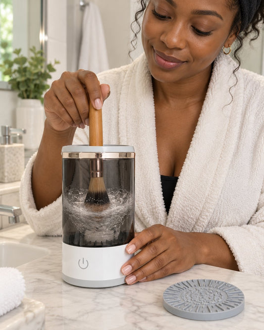 Hand holding a foundation brush in the swirling water of the brush cleaner jar