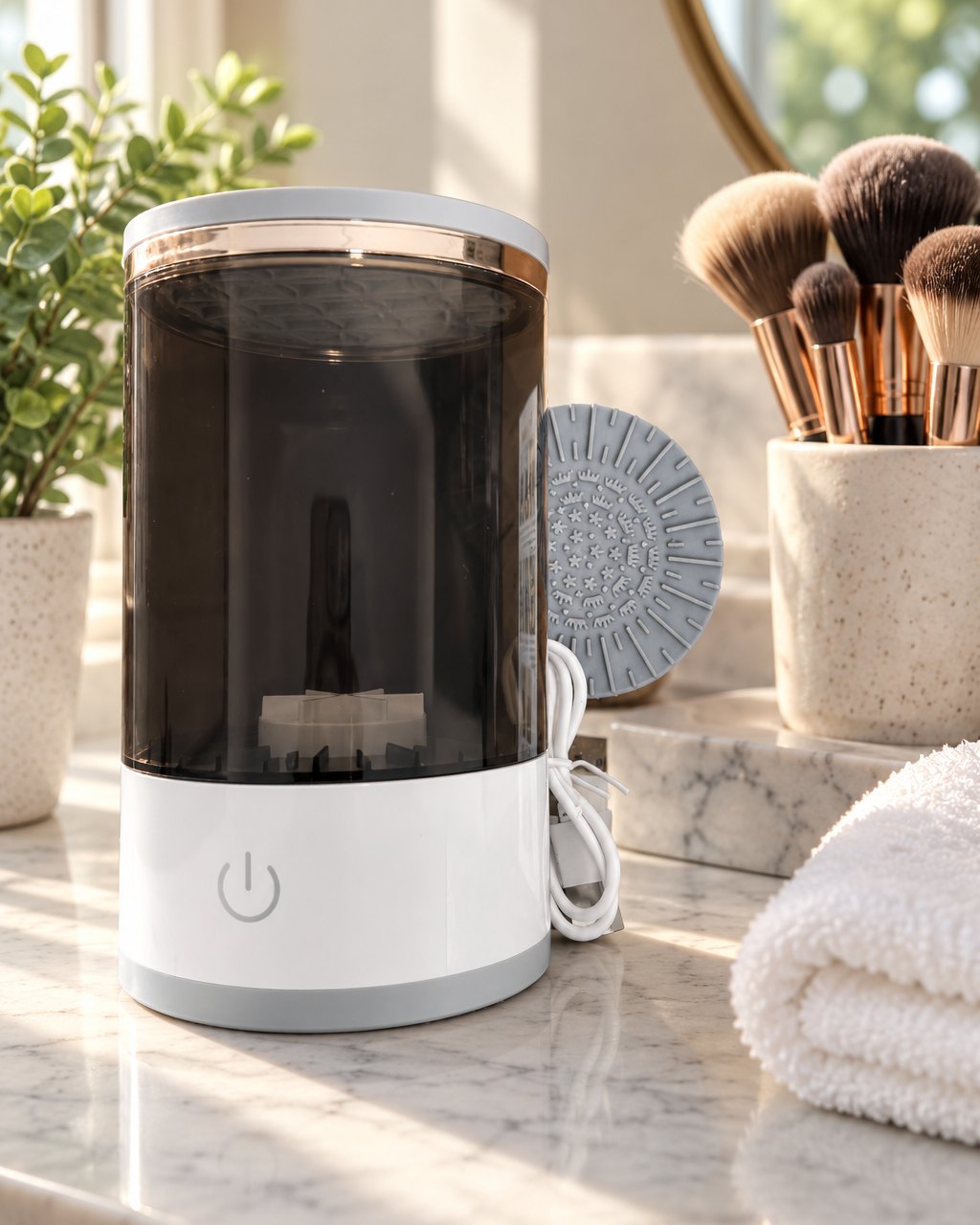 Brush cleaner on a bathroom vanity next to a cup of clean makeup brushes