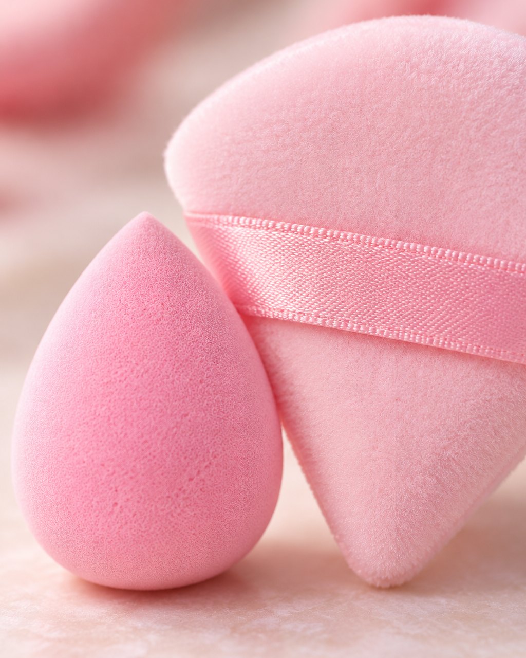 Close-up of a mini sponge and a velvety triangle puff