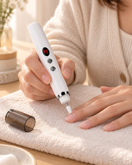 Woman buffing her fingernail with the spinning ceramic head of the pen