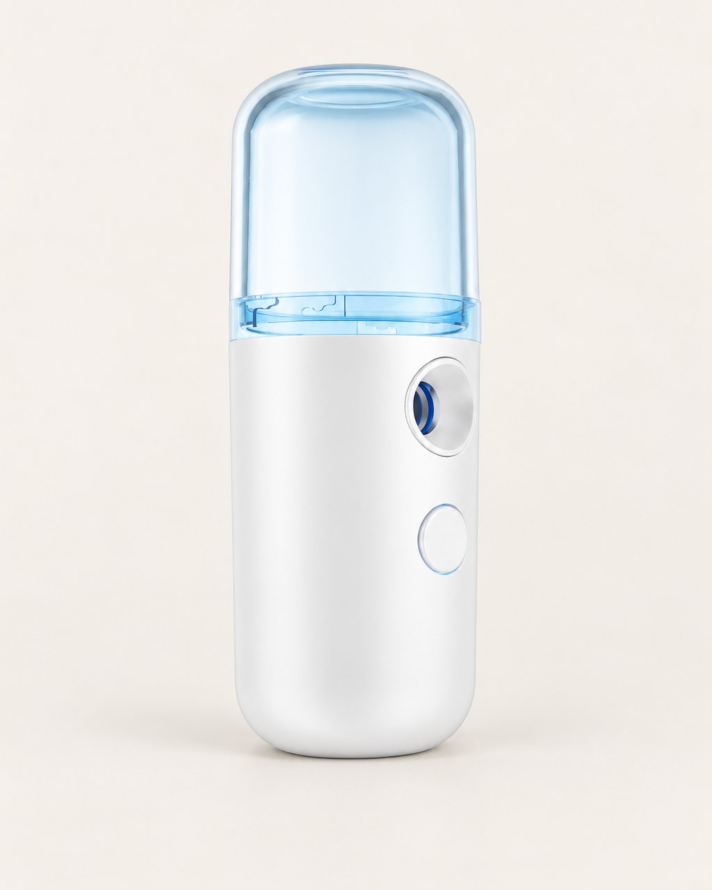 White nano facial mister with a blue-tinted cap