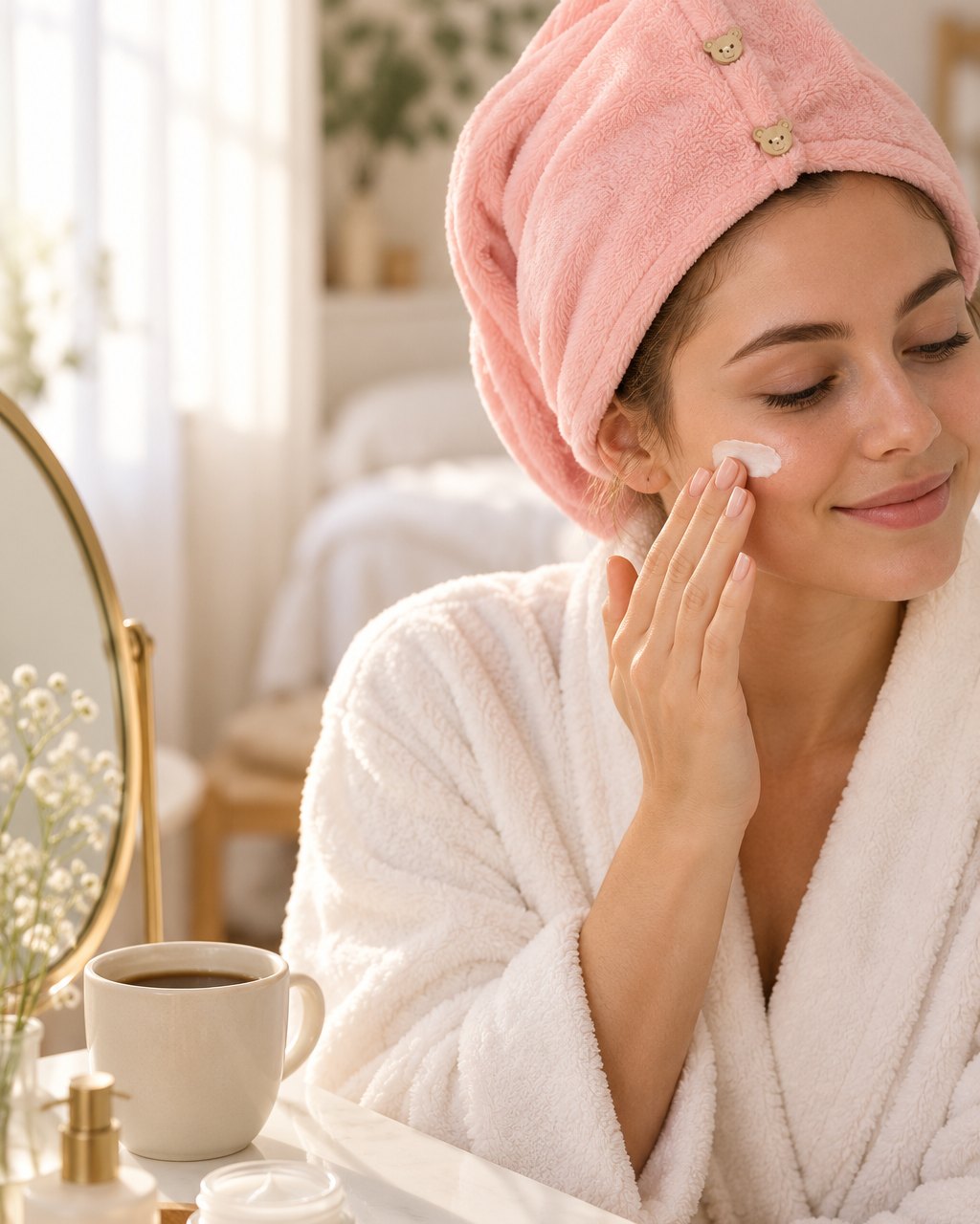 A woman wearing the buttoned towel wrap does her skincare at a vanity