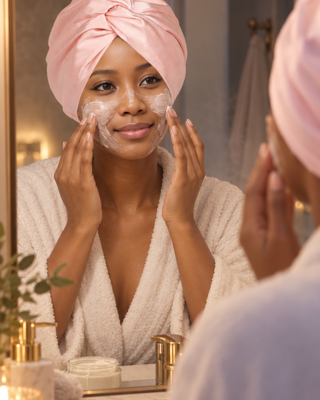 Woman wearing the pink satin turban while applying a face mask