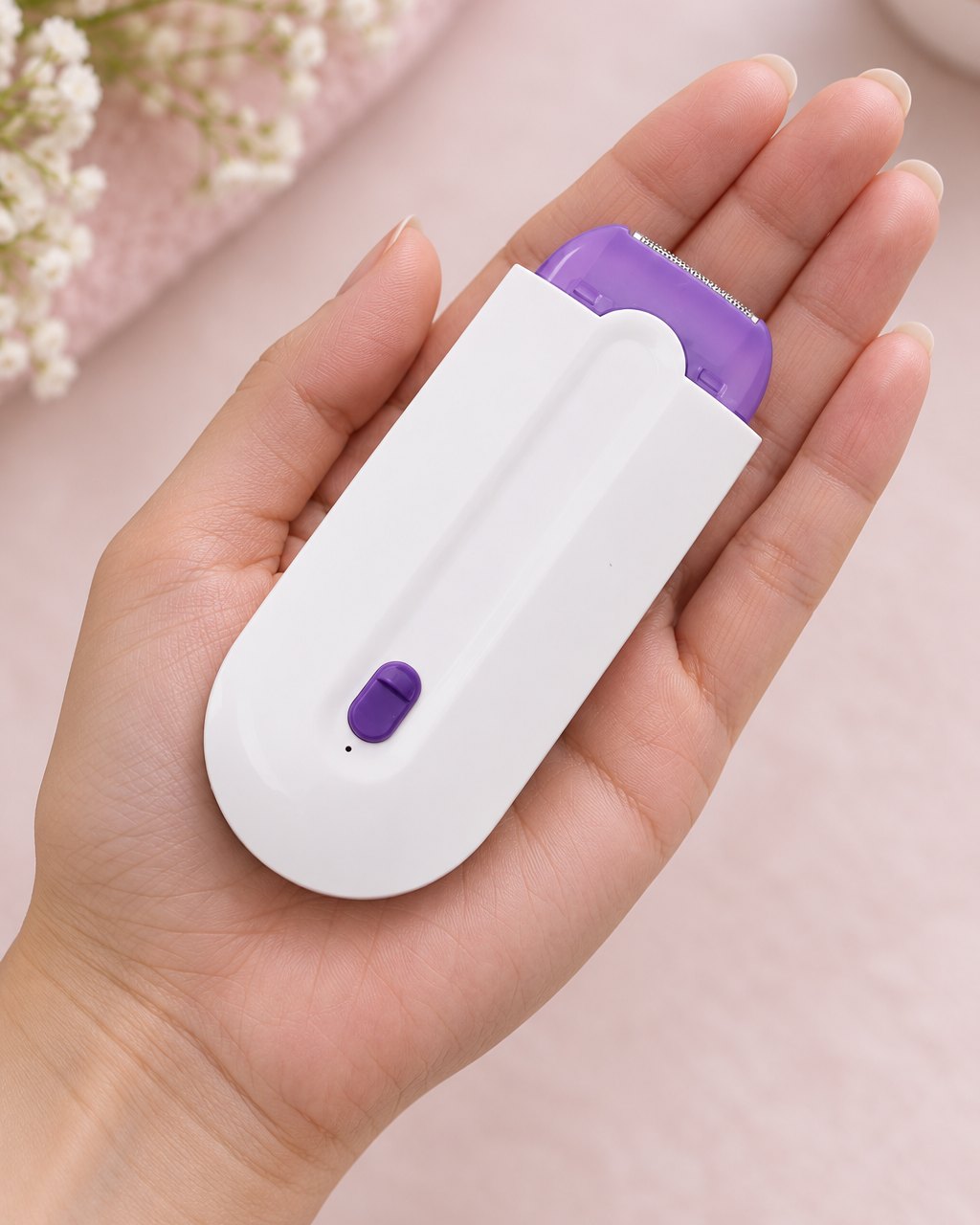The hair remover held in an open palm, showing its small size