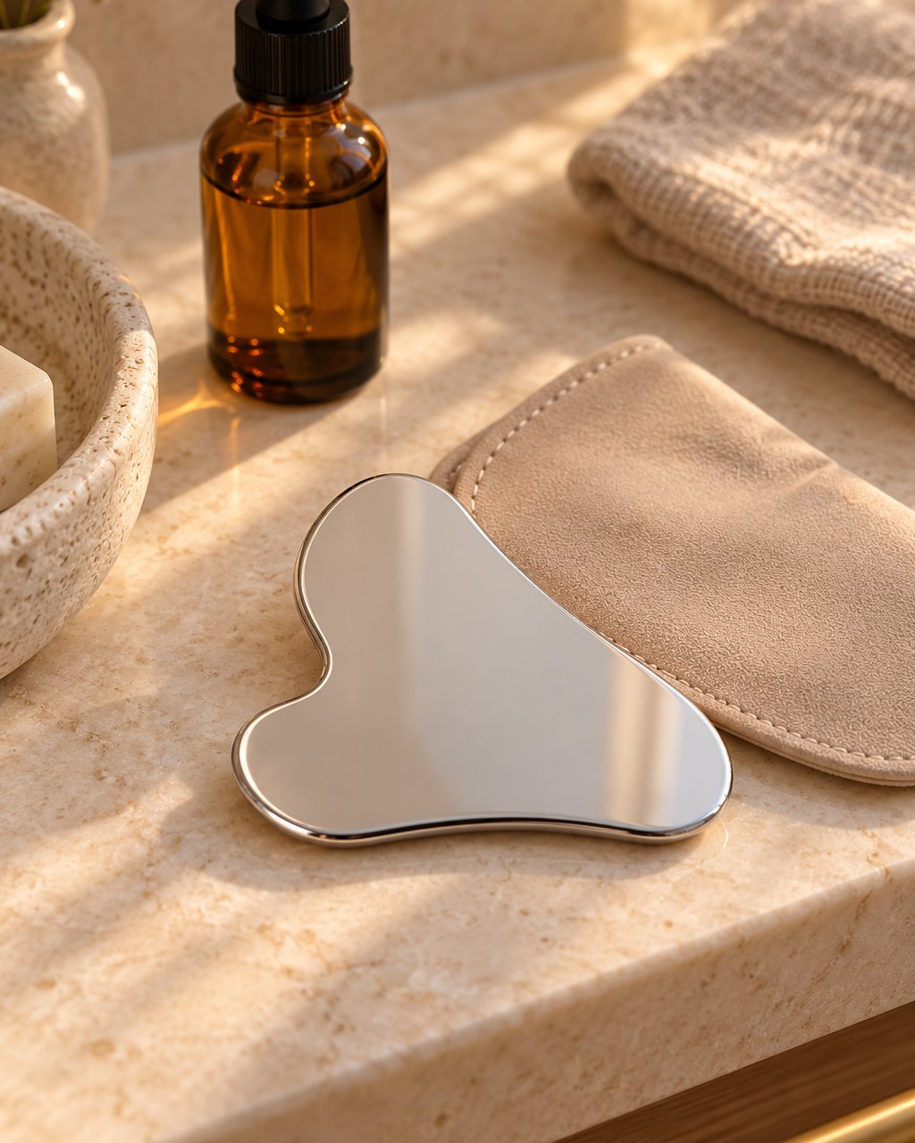 Steel gua sha and its beige sleeve on a bathroom shelf beside a bottle of face oil