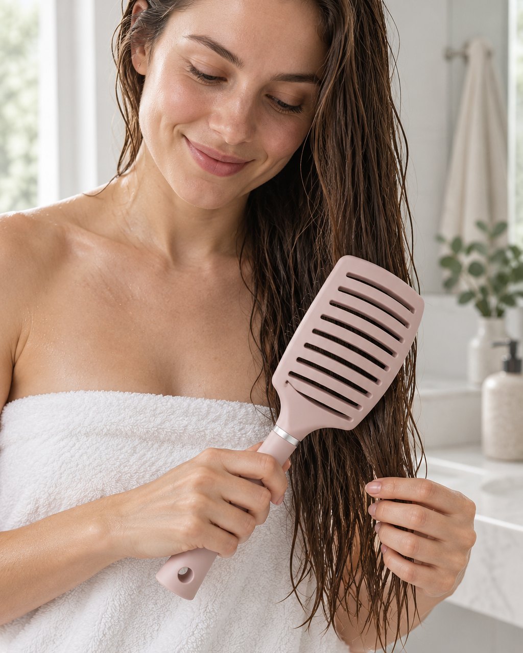 Woman brushing the ends of her long wet hair with the pink vented brush