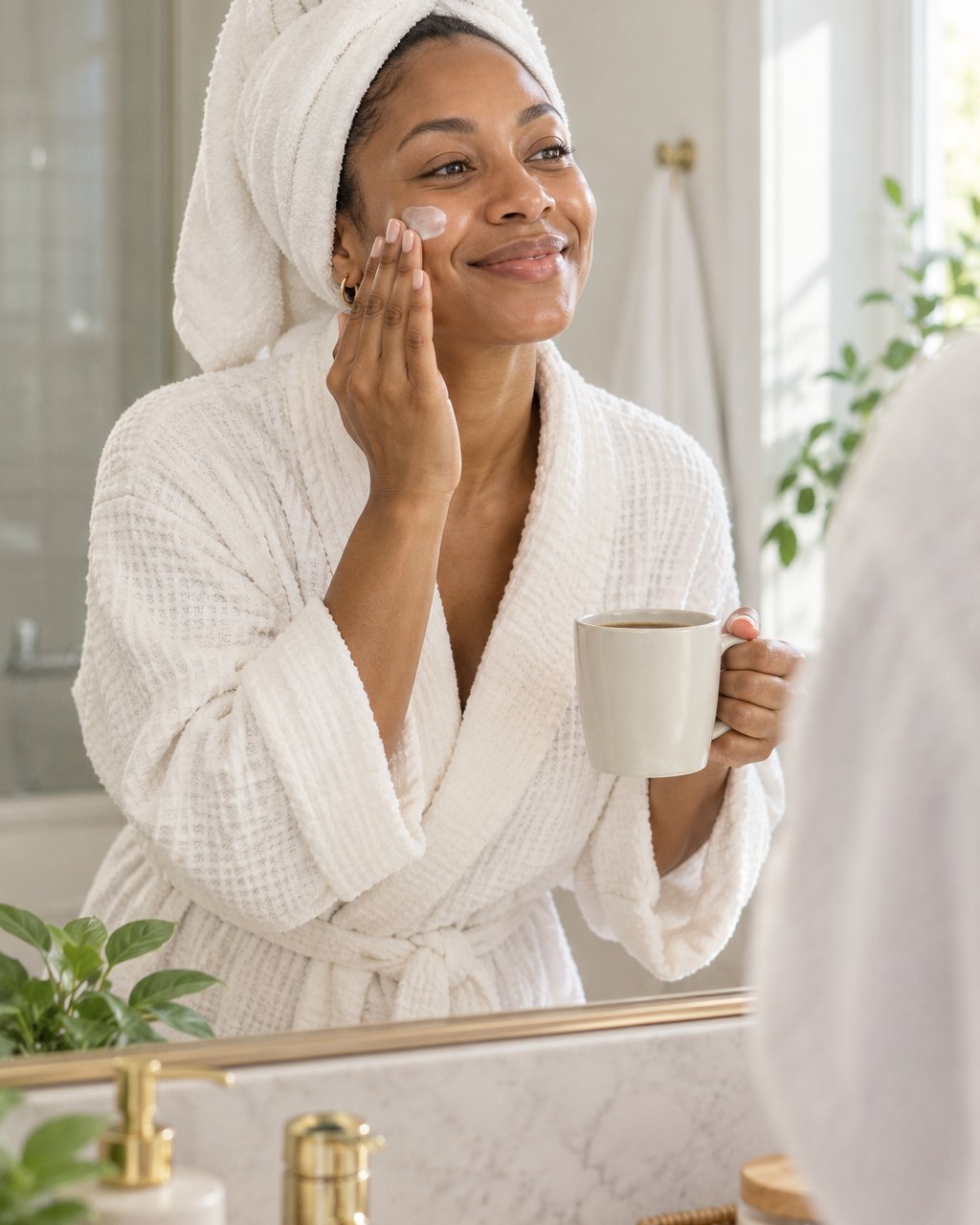 Woman rushing her skincare at the mirror with a coffee in hand