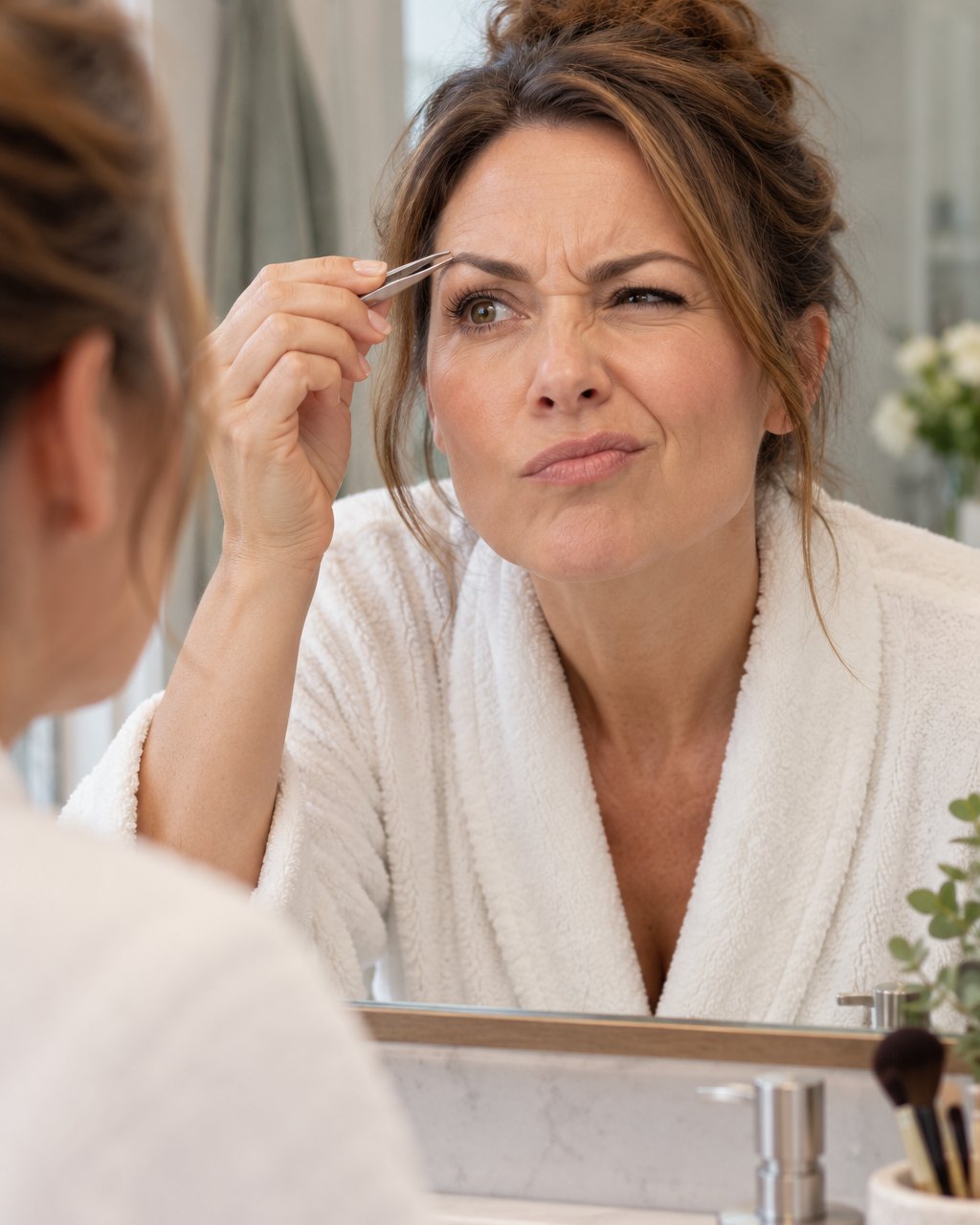 Woman squinting at stray brow hairs in a mirror, tweezers in hand