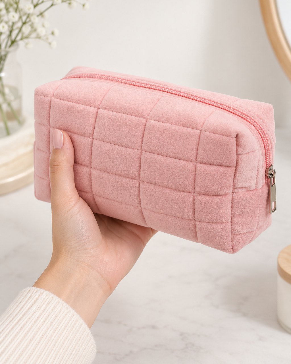 The quilted bag held in one hand, about the length of a phone and a half