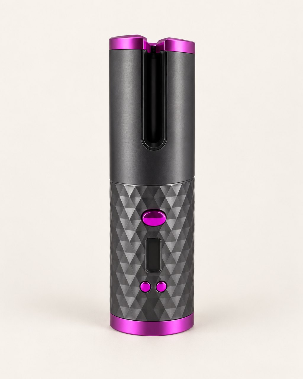 Grey cordless automatic curler with berry-pink trim, standing on a light background