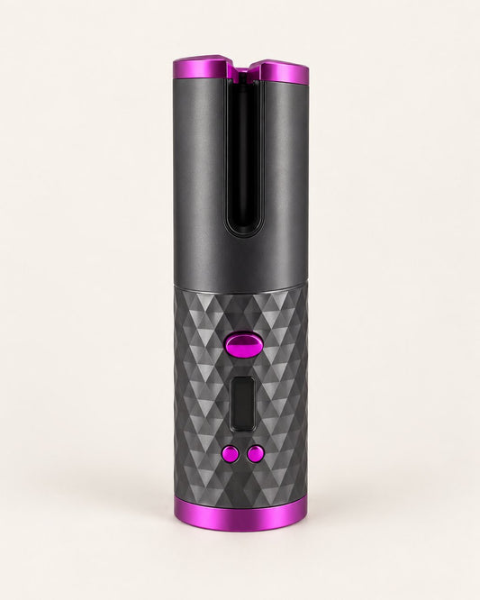 Grey cordless automatic curler with berry-pink trim, standing on a light background