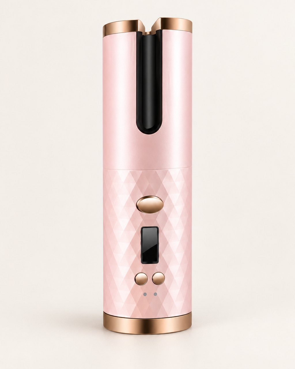 Pink cordless automatic curler with gold-tone trim