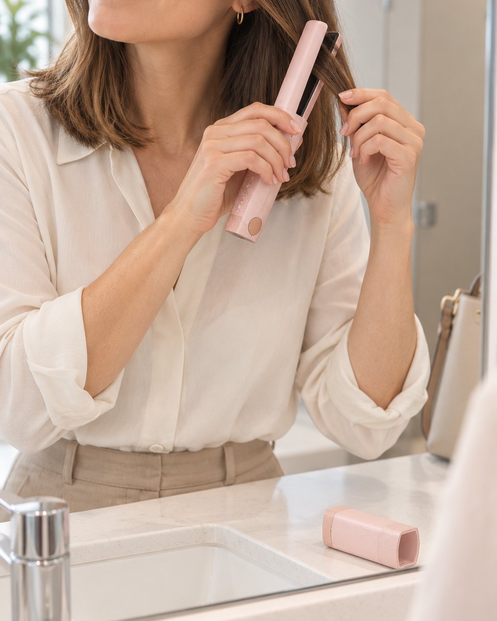 Woman smoothing the ends of her hair with the pink cordless mini flat iron at a restroom mirror