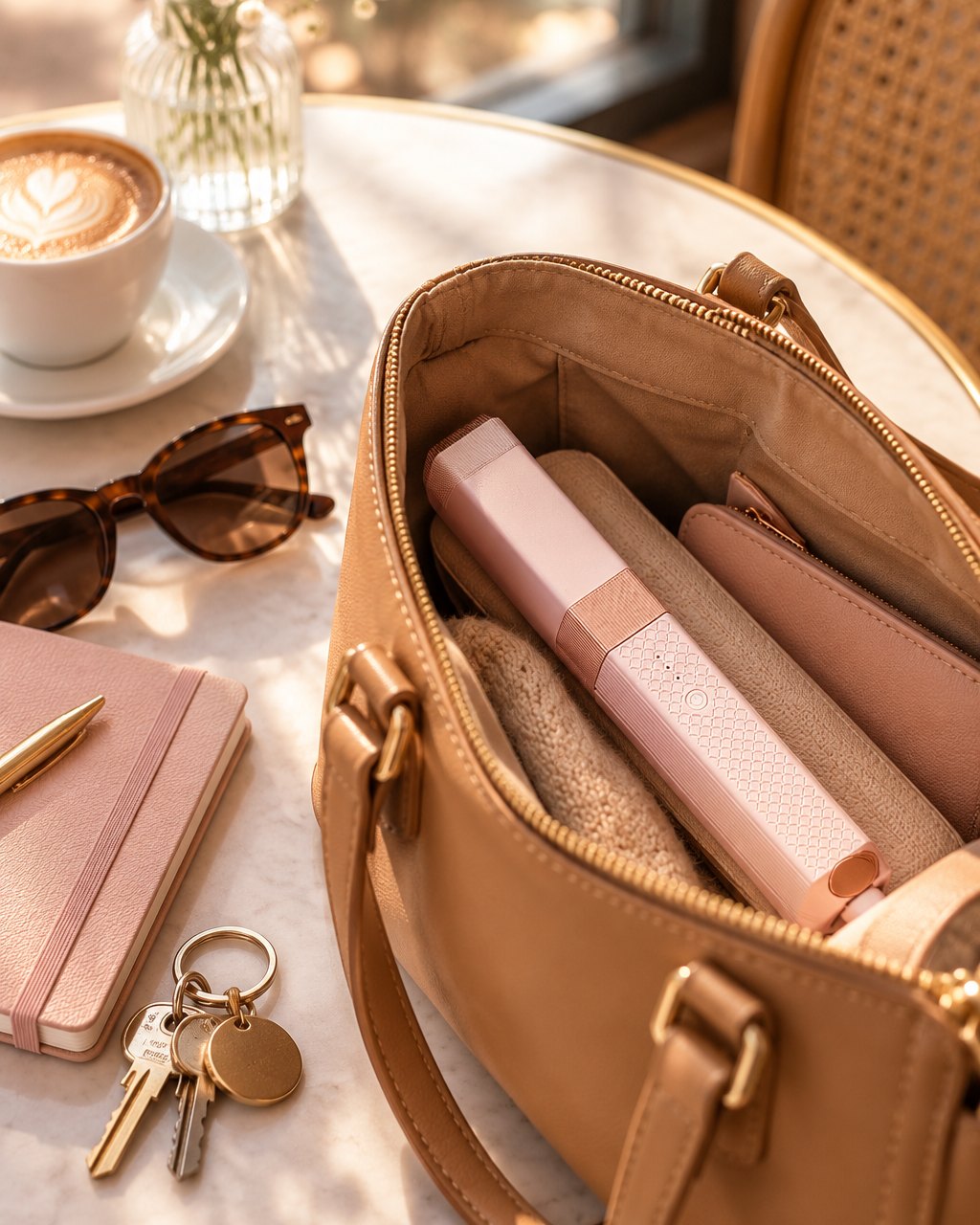 Capped pink mini flat iron in an open handbag next to keys and sunglasses on a cafe table