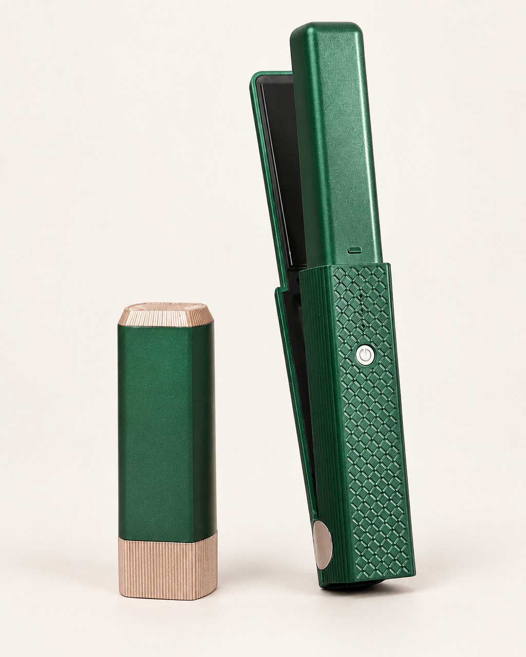 Green cordless mini flat iron with its cap