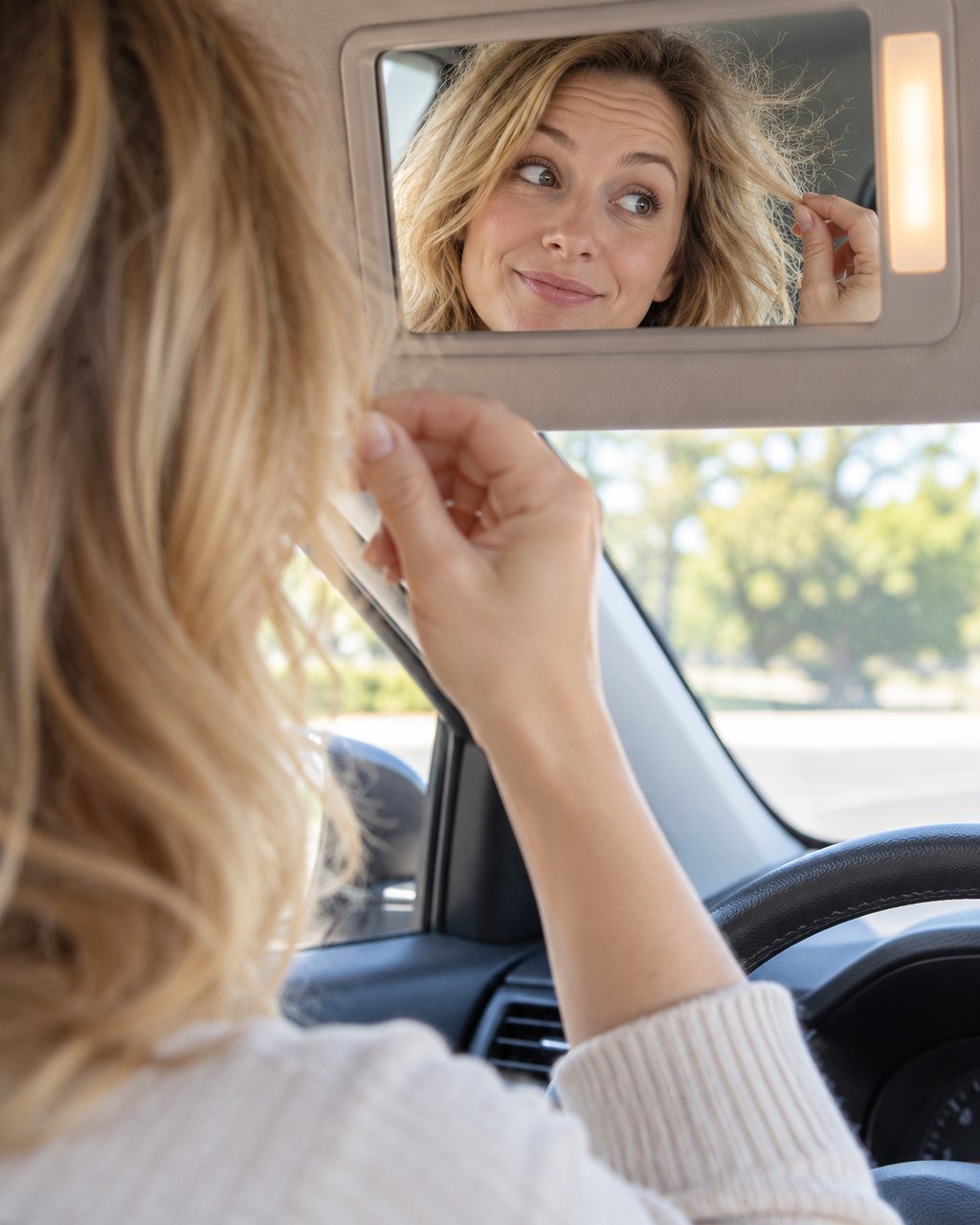 A woman checks frizzy flyaways around her face in a car mirror