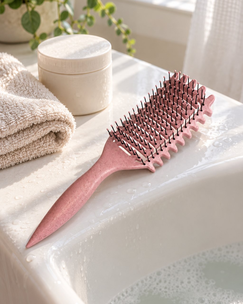 The pink brush on the edge of a white bathtub beside a jar and a folded towel