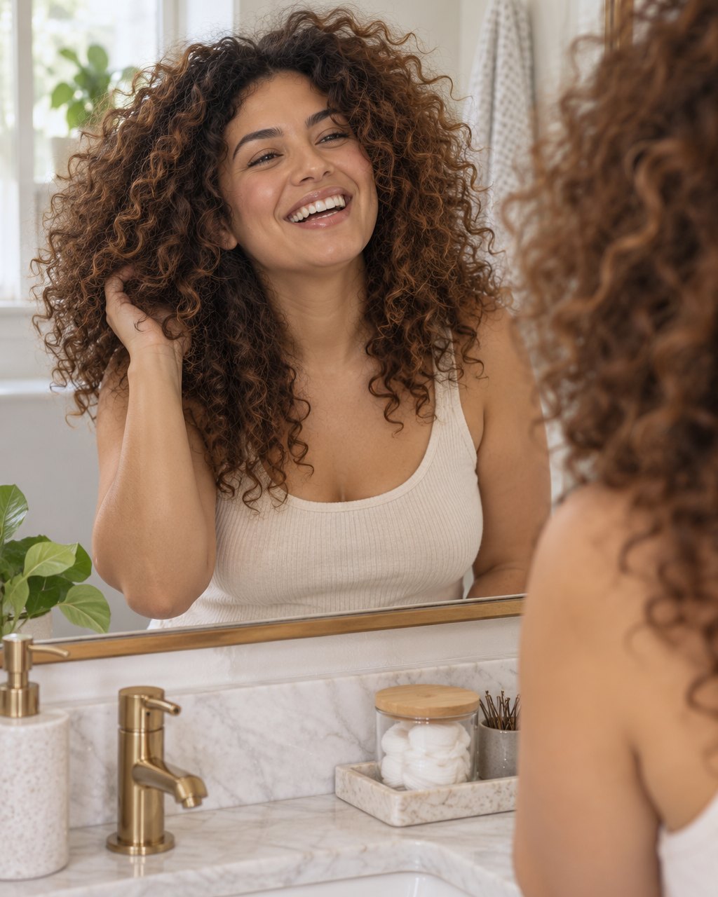 A woman laughs at her brushed-out, fluffy curls in a bathroom mirror