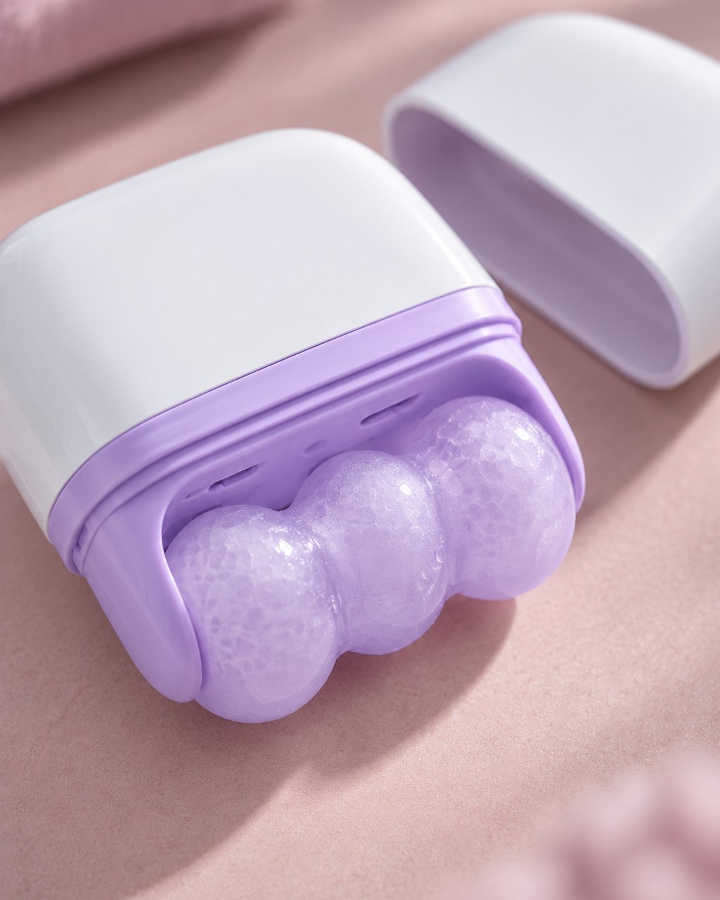 Close-up of the lilac roller head, with the white cap beside it
