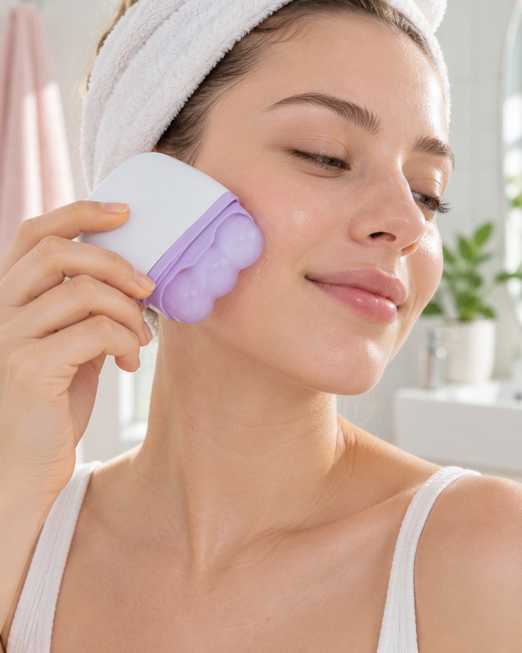 Woman rolling the double ice roller along her cheekbone