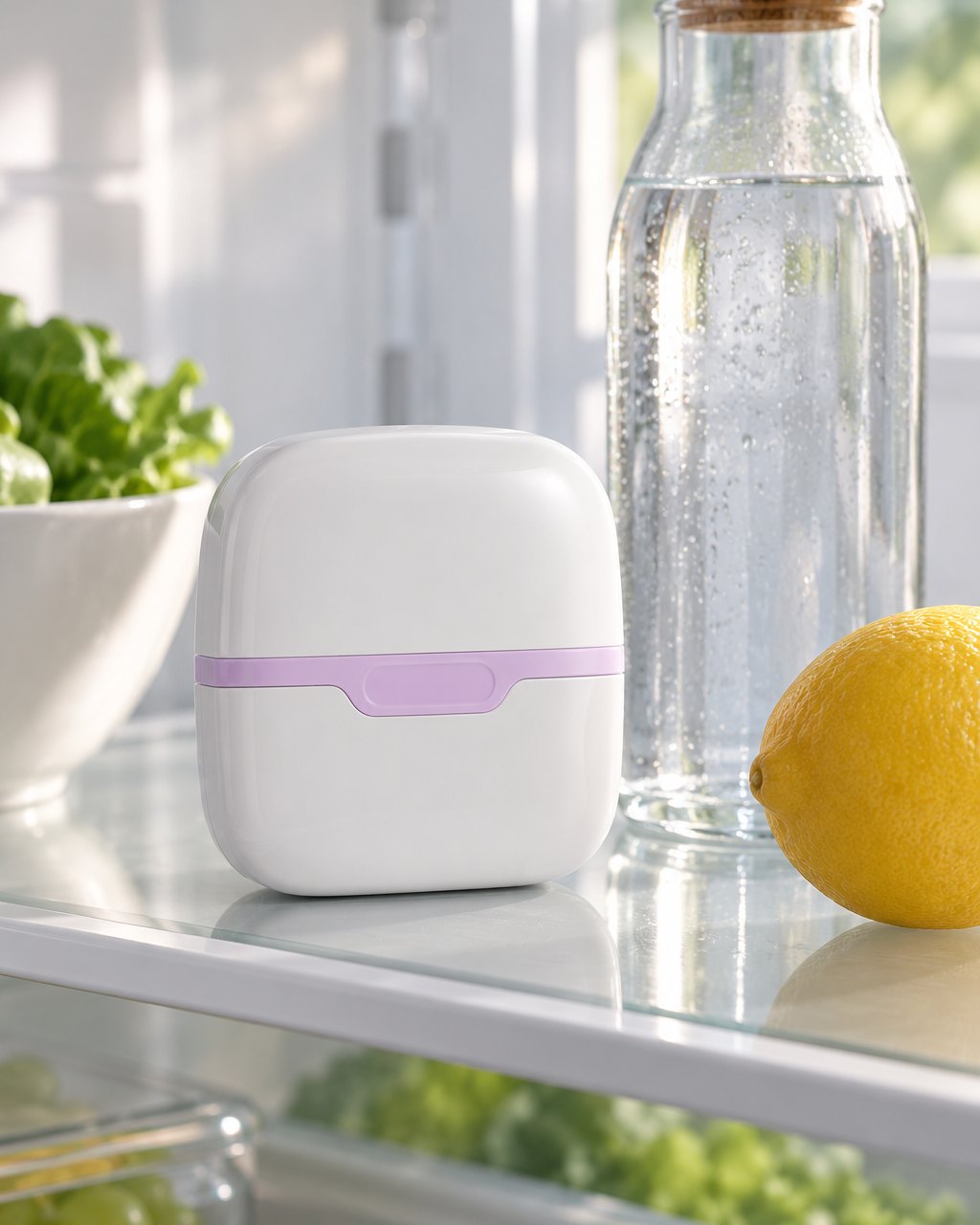 Capped double ice roller on a fridge shelf beside a glass bottle of water and a lemon
