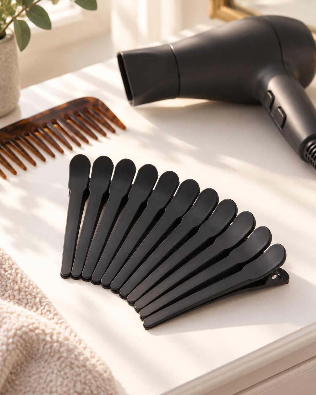 Black clips lined up on a dresser beside a comb and a hair dryer