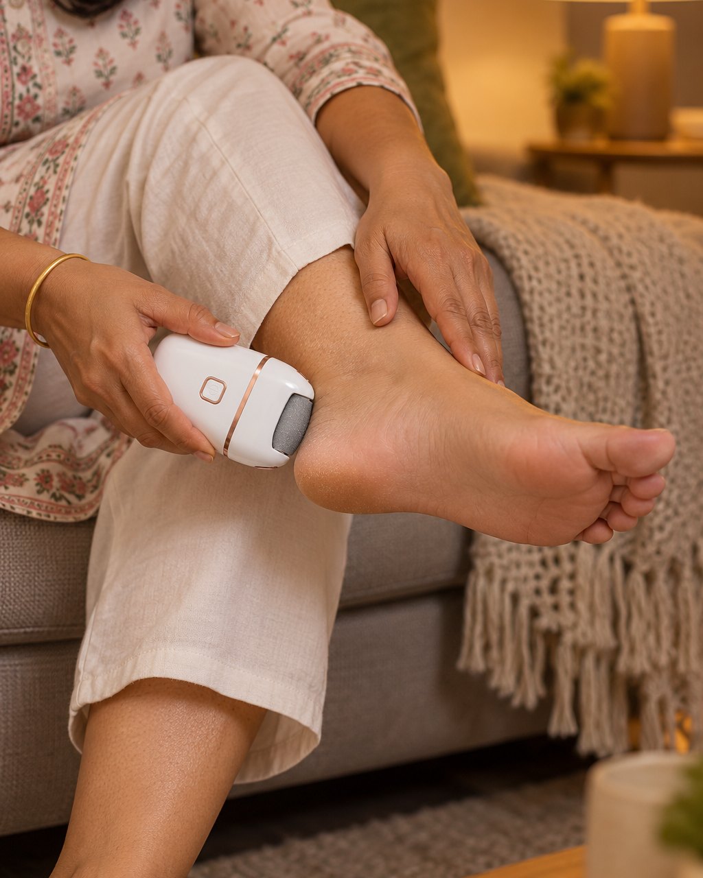 A hand gliding the callus remover's roller over a bare heel