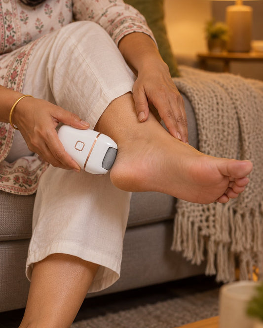 A hand gliding the callus remover's roller over a bare heel