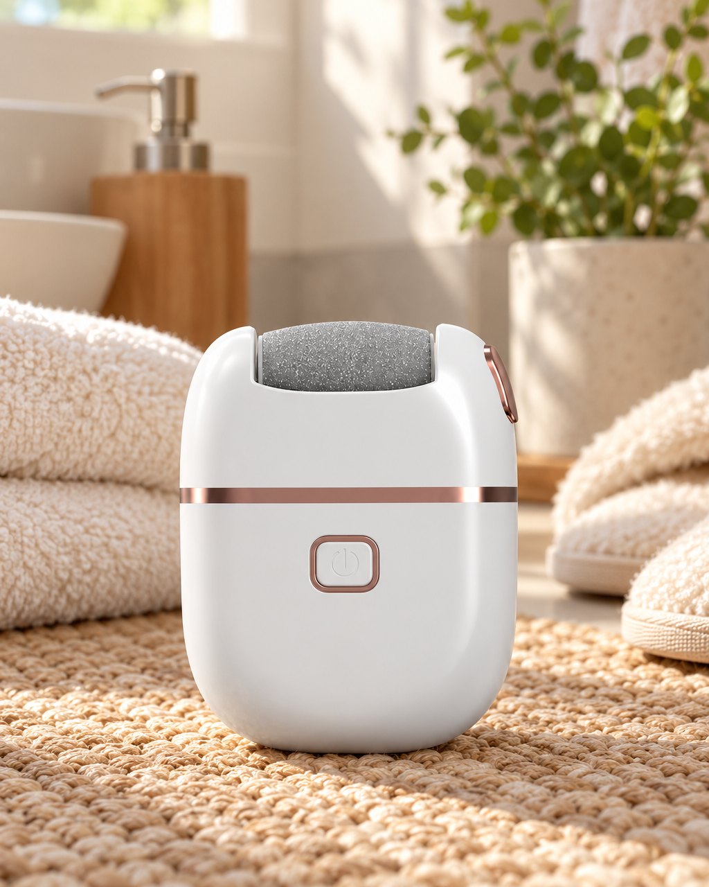 Callus remover on a bath mat next to a folded towel and slippers