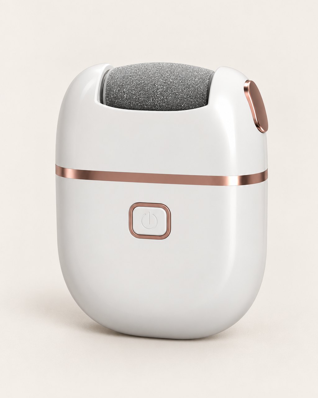 White electric callus remover with a grey sanding roller and rose-gold trim