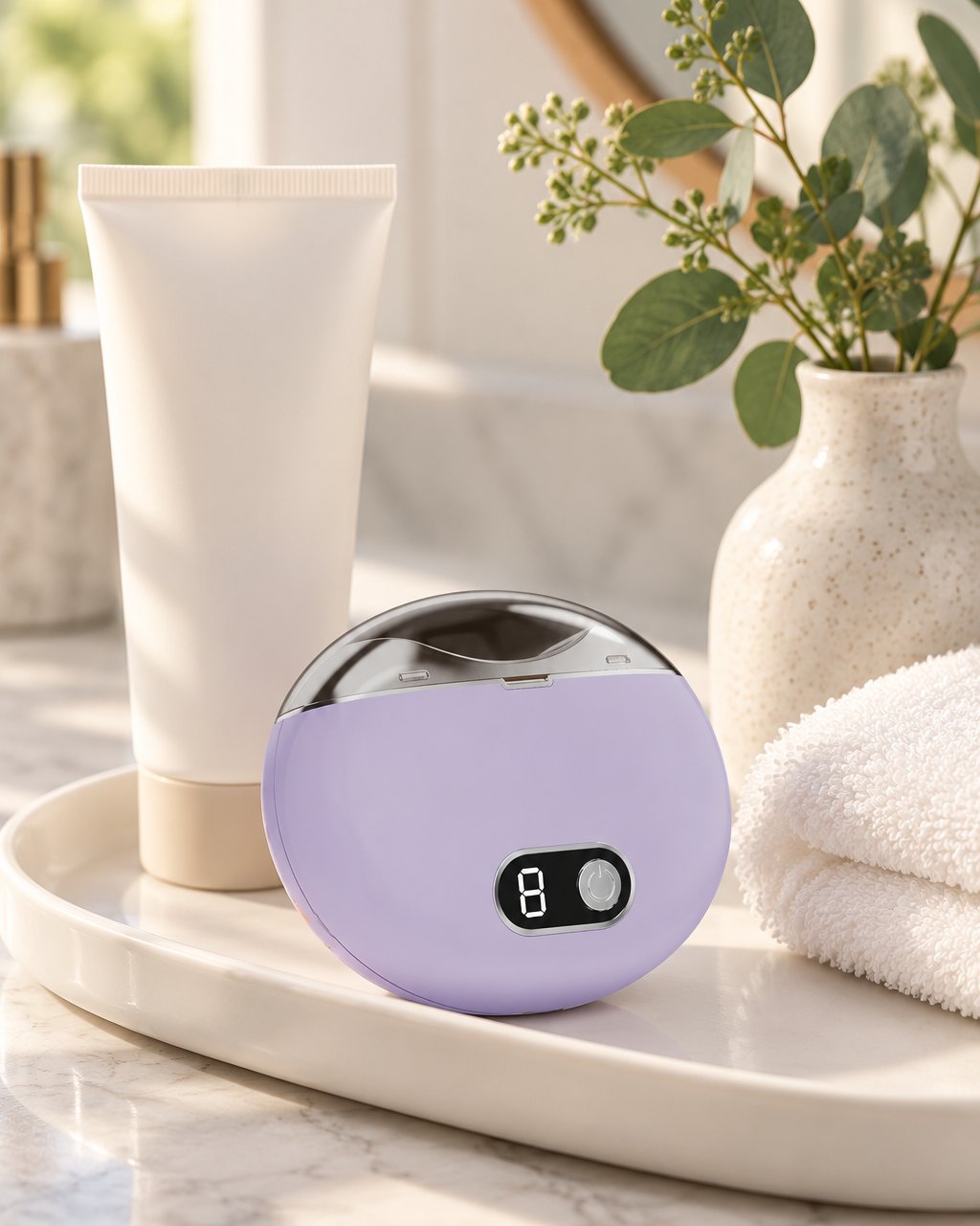 Lilac electric nail clipper on a bathroom vanity tray beside hand cream and a folded towel