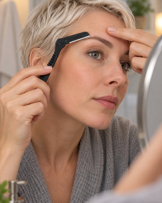 Woman tidying stray brow hairs with the folding razor