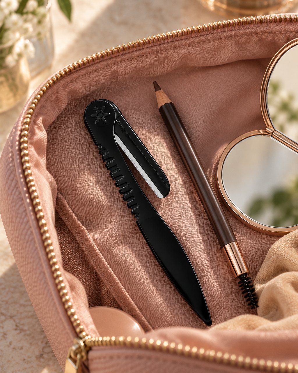 Folded brow razor in a makeup bag beside a brow pencil