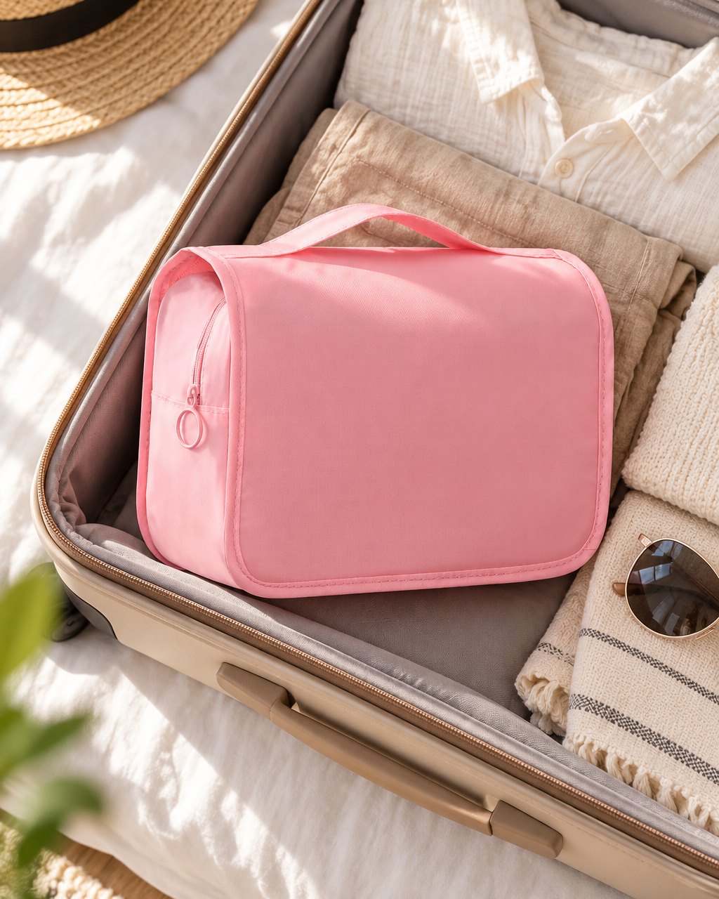Toiletry bag packed in an open suitcase beside folded clothes