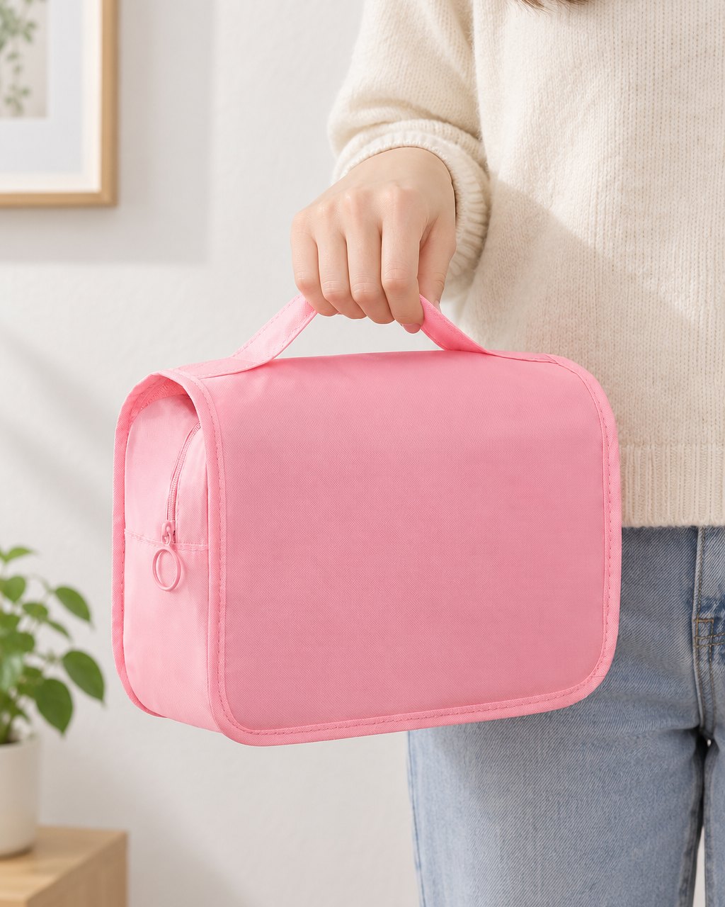 Pink toiletry bag held by its handle in one hand