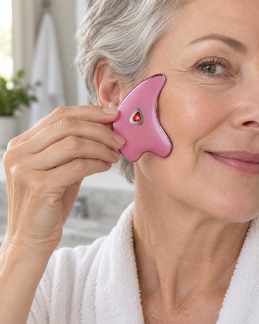 Woman gliding the pink gua sha along her cheekbone, its heart light glowing red