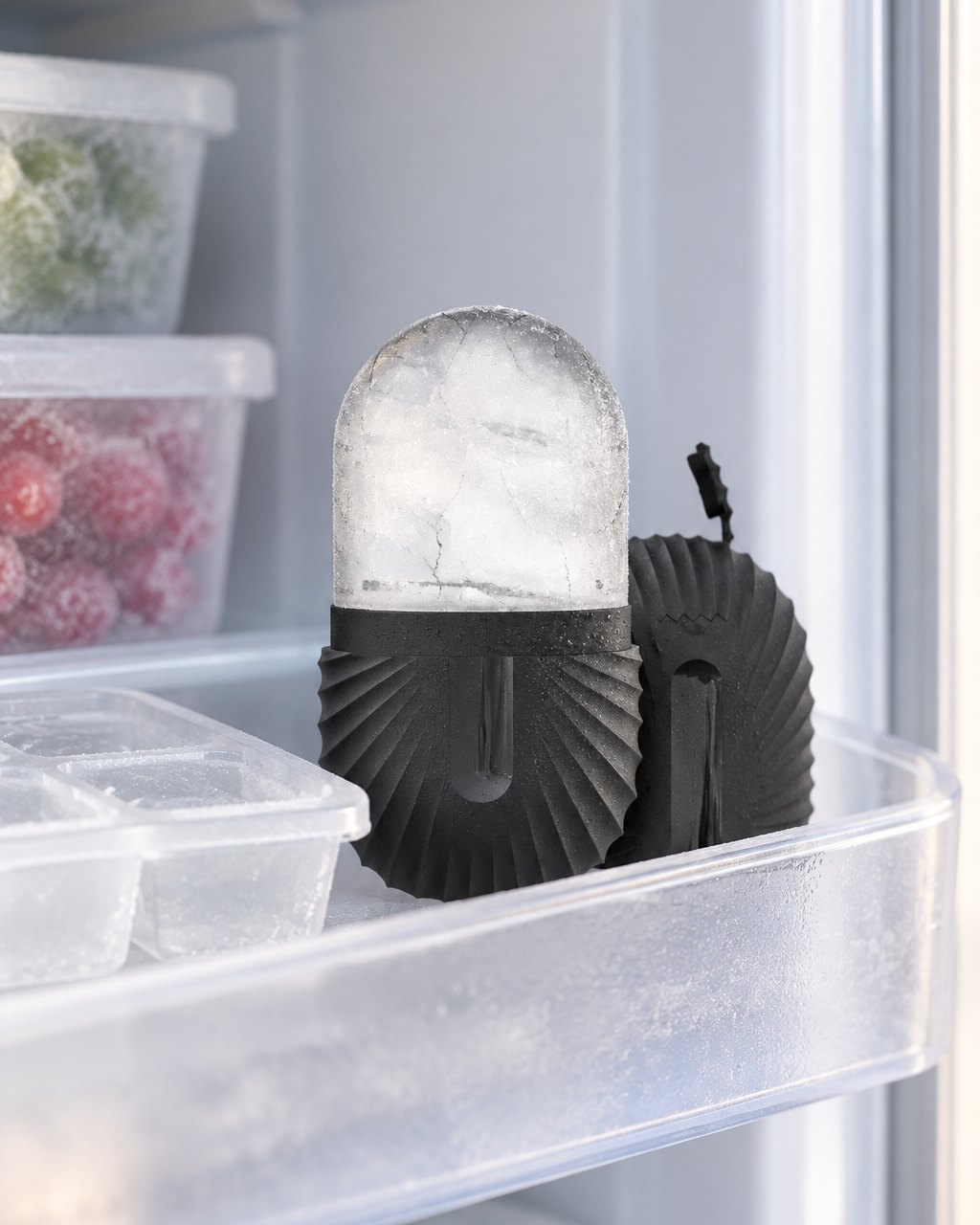 Ice capsule with its clear ice dome standing in a freezer door, the cap beside it