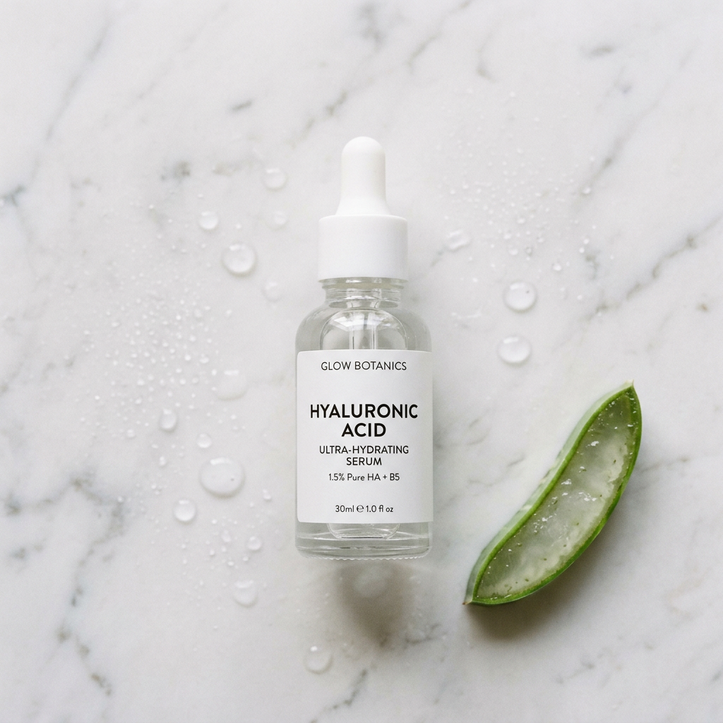 Hyaluronic acid hydrating gel serum on marble surface with water droplets