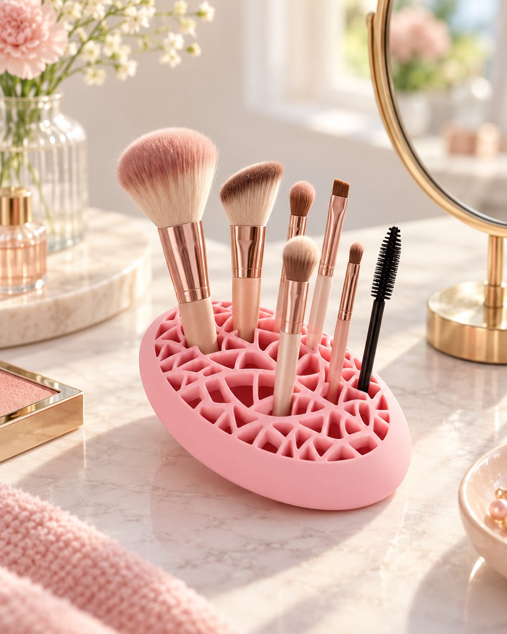 Pink holder on a vanity with brushes standing upright in the lid