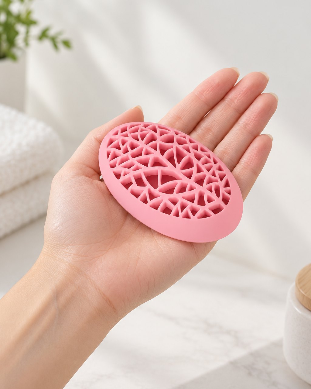 The pink holder resting in one hand