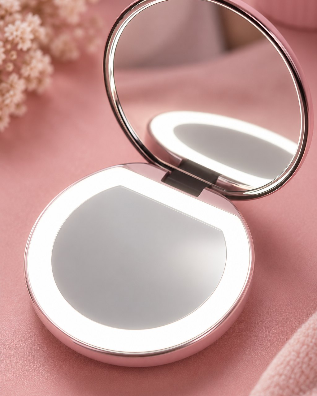 Open compact showing the glowing LED ring around the lower mirror